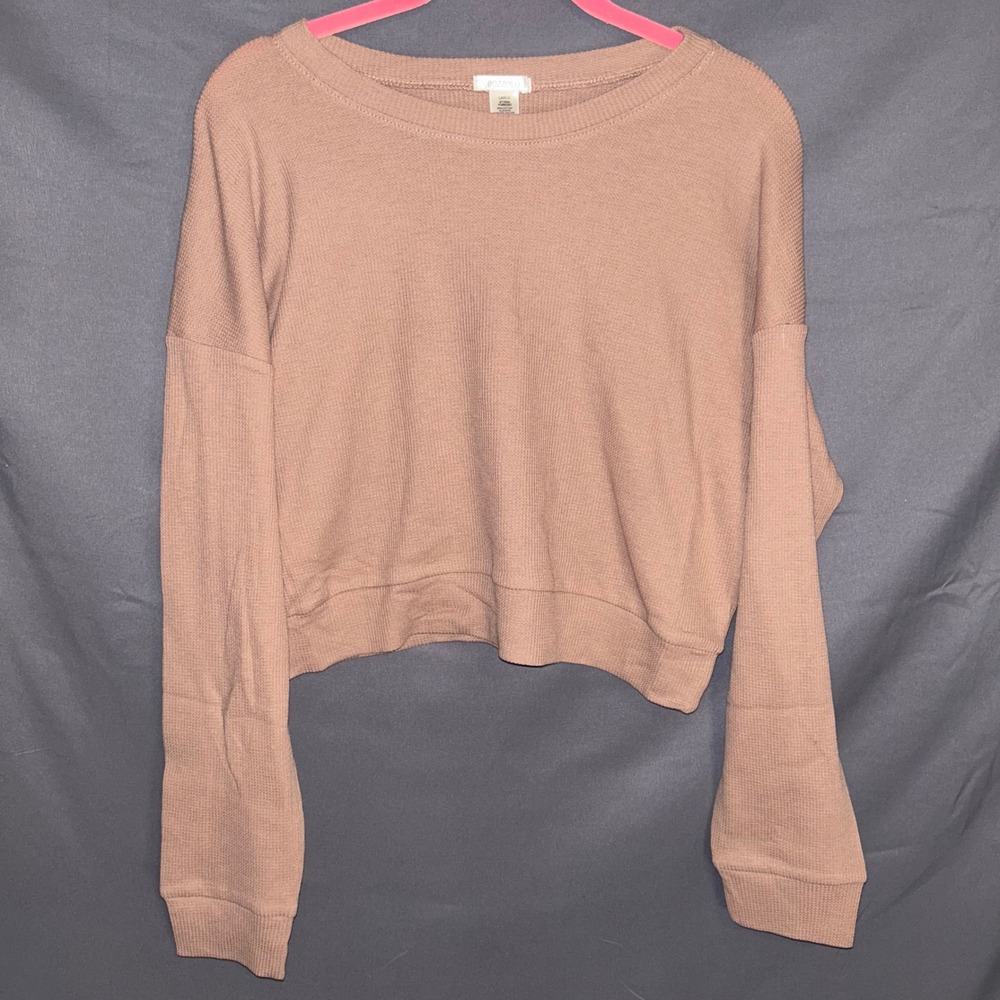 BOZZOLO Womens Long Sleeve Cropped Waffle Knit Sweater Taupe Size L NWOT‎